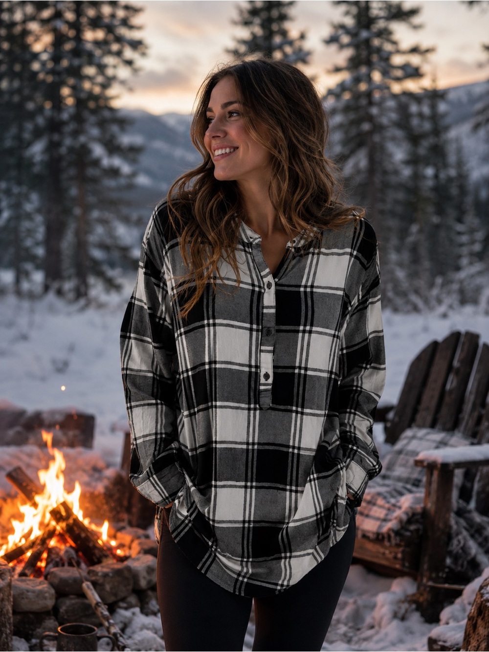 Eddie Bauer Large Black White Plaid Popover Flannel Tunic Shirt